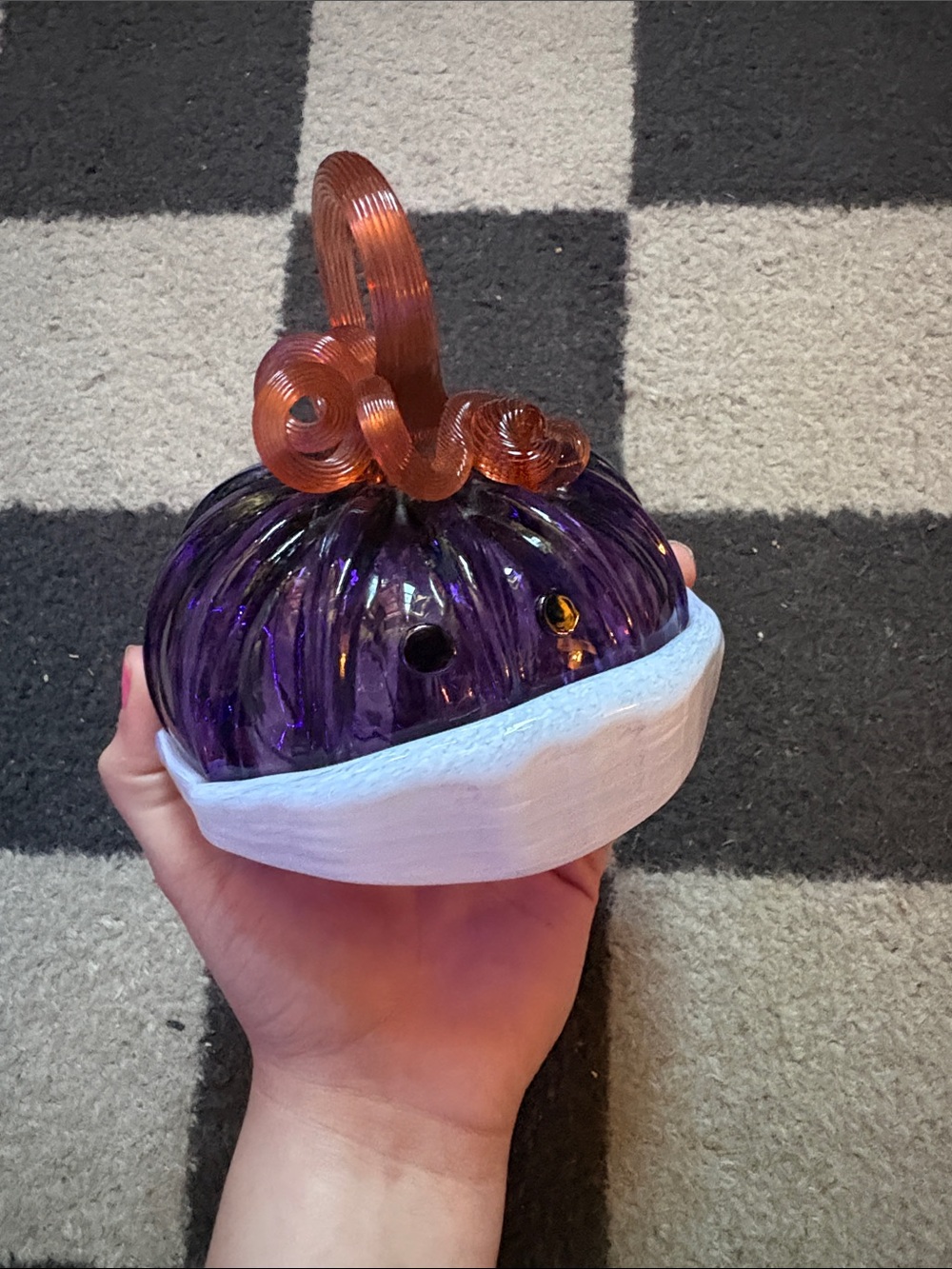 Hand Blown Glass Pumpkin in Purple with Orange Stem